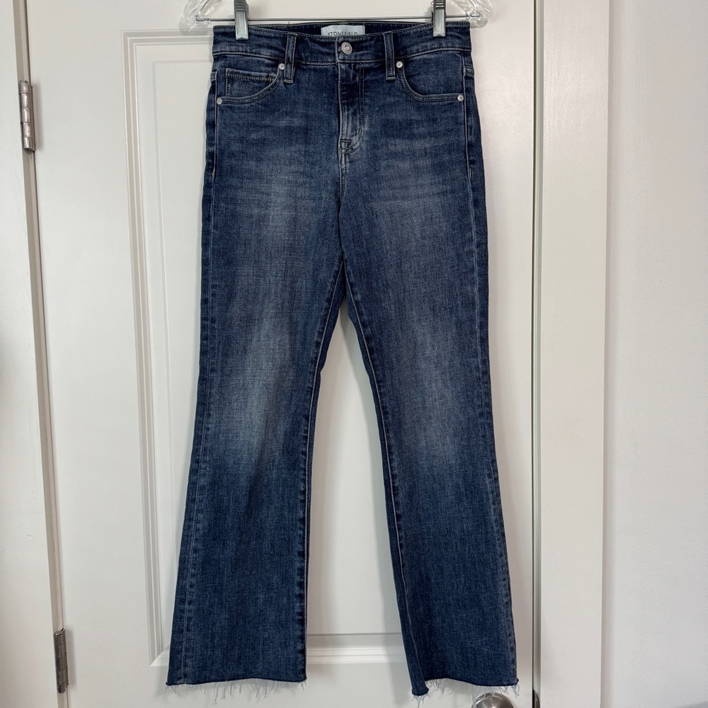 Stonefield 26 x 27 Royce High Rise Cropped Demi Boot Jeans ~ Medium Wash Raw Hem
